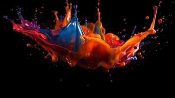 Paint drop. Ink water. Cold flame. Burning ice. Red orange blue color gradient glowing glitter fluid splash on dark black abstract art background. photo