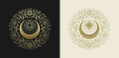 Crescent Moon and Stellar Sparkles with Ornate Floral Engravings vector