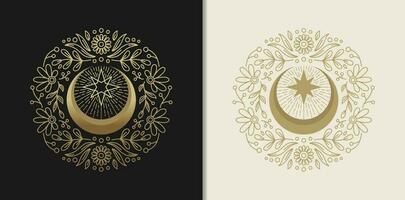 Crescent Moon and Stellar Sparkles with Ornate Floral Engravings vector