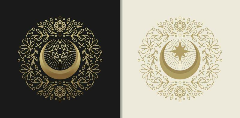 Crescent Moon and Stellar Sparkles with Ornate Floral Engravings