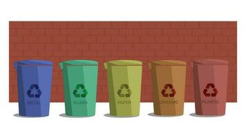 Minimalistic vector illustration of five labeled recycle bins in front of a brick wall