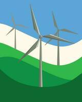 Square vector illustration in groovy retro style. Wind energy generators on the green hills. Minimalistic poster