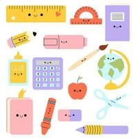 School supplies. Back to school. Big stickers set of hand draw school items. Books, pencils, pens, notebooks, erasers, paper, glue, globe, ruler with happy face. Study. vector