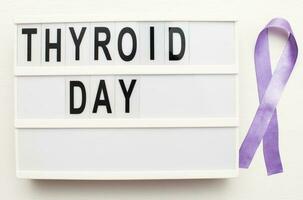 inscription international thyroid day and violet ribbon on white background photo