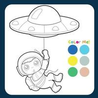 educativo imprimible colorante hoja de cálculo de un linda astronauta chico obtener apagado el astronave en un cuerda. colorante actividad para niños. colorante página. vector archivo.