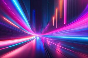 resumen futurista antecedentes con rosado azul brillante neón Moviente alto velocidad ola líneas y bokeh luces datos transferir concepto, ai generado foto