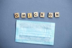 word omicron made by wooden blocks with medical mask on gray background. photo