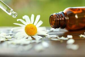 Chamomile essential oil brown glass bottle with a pipette with drop on a wooden table outdoor. photo