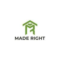 Abstract initial letter MR or RM logo in green color isolated in white background. M, R, and MR initial house logo design vector graphic idea creative for Modern Housing Logo design inspiration.