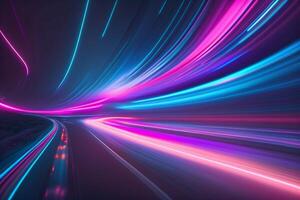 resumen futurista antecedentes con rosado azul brillante neón Moviente alto velocidad ola líneas y bokeh luces datos transferir concepto, ai generado foto