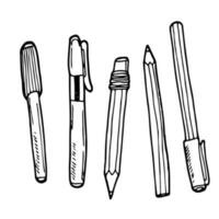 Arte materiales, línea dibujo conjunto de plumas y lápices, mano dibujado vector ilustración