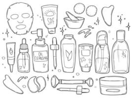 Doodle skin care cosmetics set. Beauty set. Skin care and beauty signs, spa salon and self-care icons. Vector doodle illustration