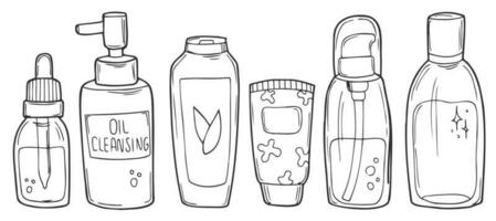 vector illustration of hand drawn bottles for cosmetics. Doodle style