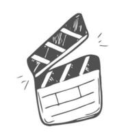 Movie clapperboard doodle icon. Film set clapper for cinema production. Board clap for video clip scene start. Lights, camera, action Hand drawn sketch in vector