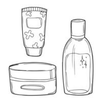 Doodle set of images with cosmetics, jars and accessories. Hand-drawn illustration. Vector image for various designs.