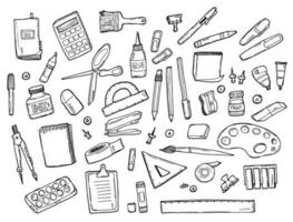 Doodle set of Stationery drawings. Vector illustration. Back to school concept. Art and school supplies