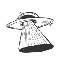 Vector illustration. Silhouette of toy UFO space ship. Alien space ship. Futuristic unknown flying object. Isolated pattern on white background