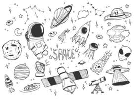 Doodle cosmos illustration set, design elements for any purposes. Hand drawn abstract space ship, planets, stars and ufo. Vector line print or banner.