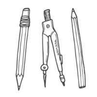 Stationary Hand Drawn Doodle Vector Illustrations Set. Style Sketch with Compass, Pen and Pencil. Isolated.