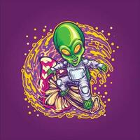 Alien spaceman surfing on space with trippy mushroom illustrations vector illustrations for your work logo, merchandise t-shirt, stickers and label designs, poster, greeting cards advertising business