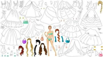 Princess Gown Coloring Page Paper Doll with Dress, Hairstyles and Accessories. Vector Illustration