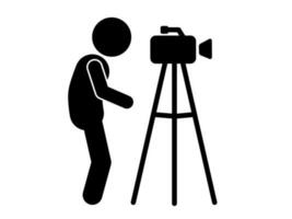 Set cameraman with video camera. Silhouettes on white background, stick figure vector