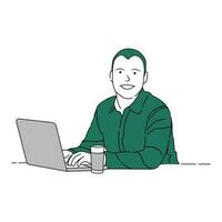 Vector art of a man working using a laptop computer.