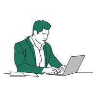 A businessman is working on a laptop. Vector line art illustration.