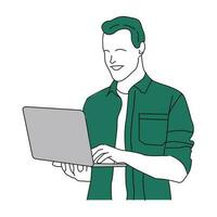 Vector illustration of smart student manager working on laptop.