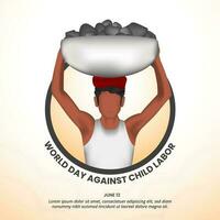 Square world day against child labor background with a child holding up rocks vector