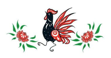 Rooster in flowers - Gorodets painting in vector.Red black rooster in flowers hand drawn sketch vector