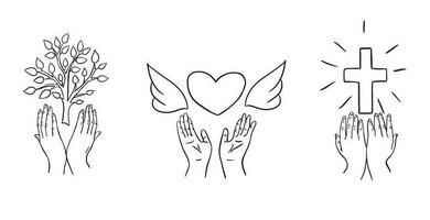 Hand drawn symbol of hope, faith and love.Vector illustration.Hands holding heart, cross and tree doodle. vector