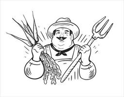 Smiling farmer holding carrot and pitchfork logo in vector.Farmer image for logo,packaging,labels,posters in doodle style.Vector illustration. vector