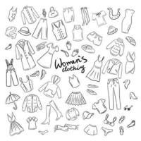 Big set of womens clothes in vector.Pictures of different women's clothing for posters, labels, women's clothing store. Drawn in doodles. vector