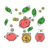 Money and coins doodles. Illustration of finance and currency. Sketch style drawing.Piggy bank.Dollars and euro for business. Colorful set of business icones. vector