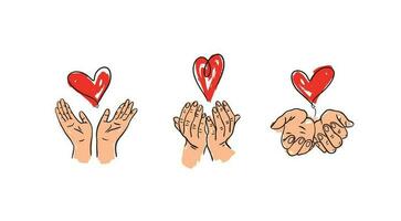 Hands holding a heart drawn in color in doodle.Set of hands carrying red hearts.Vector illustration.Hand drawn picture vector