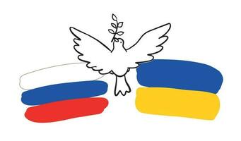 Flags of Ukraine and Russia with dove of peace icon.Friendship and peace between Ukraine and Russia.Globe world.Vector illustration.Doodle style. vector
