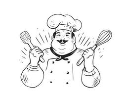 alegre cocinero - símbolo o logo.restaurante,comida concepto.baker cocinar participación batidor .vector ilustración, garabato estilo vector