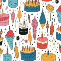 Hand drawn various colorful light colors shapes and doodles objects cake, candles, balloons vector