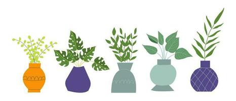 Urban jungle, trendy home decor with plants, tropical leaves in stylish planters and pots vector