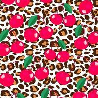 Red cherries seamless pattern. Red berries on leopard background vector