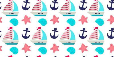 Nautical elements seamless pattern. Boat. shells, starfish and anchor vector