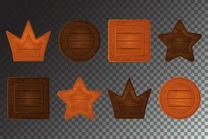 Wooden game board with crown and star shape frame. Signboard with wood texture isolated label piece for mobile app and user level plaque farm kit. Rustic plate element collection of maple and oak vector