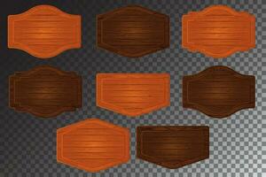 retro de madera juego tablero textura y firmar panel con marco. ui botón con granja arce madera elemento aislado recopilación. nivel etiqueta modelo gráficos para cómic ilustración colocar. blanco menú clipart. vector