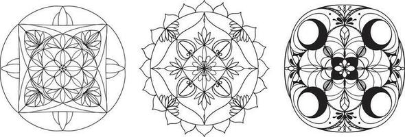 Mandala vector graphics. Mandala set line art. Mandala with plant elements. Mandala with moon graphics