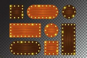 Orange and oak wooden bulb light game board cartoon vector ui design. Marquee wood texture signboard button template set for rustic vegas label. Theater or broadway billboard with neon flare.