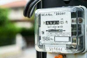 Bangkok, Thailand April 10, 2023,Electric measuring power meter for energy cost at home and office. photo