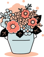 Hand Drawn bouquet of flowers in a pot in doodle style png