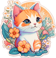klistermärke av liten katt med blomma ai generativ png