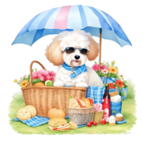 Watercolor illustration of cute dog in sunglasses sitting in a basket with food, png